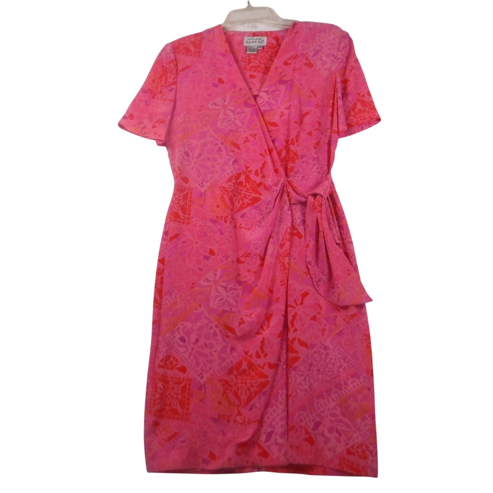 Adrianna Papell Pink Red 100% Silk Geometric Mosaic Print Faux Wrap Dress Size 4
